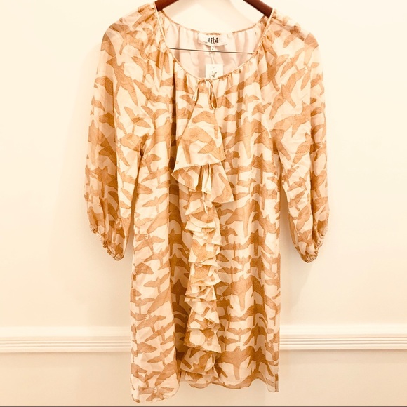 NWT Tibi Athena Dress Bird Print 2 tan beige cream - Picture 1 of 11